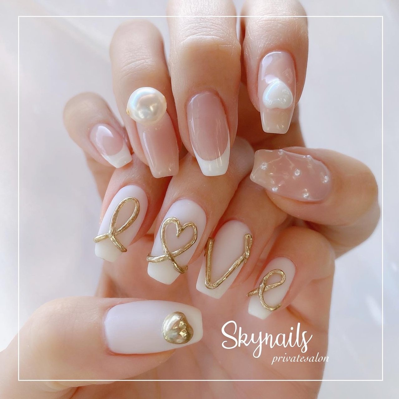 オールシーズン ハンド フレンチ ハート パール Skynails Kayoのネイルデザイン No ネイルブック