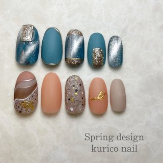 オレンジ ターコイズ ブルーのネイルデザイン ネイルブック