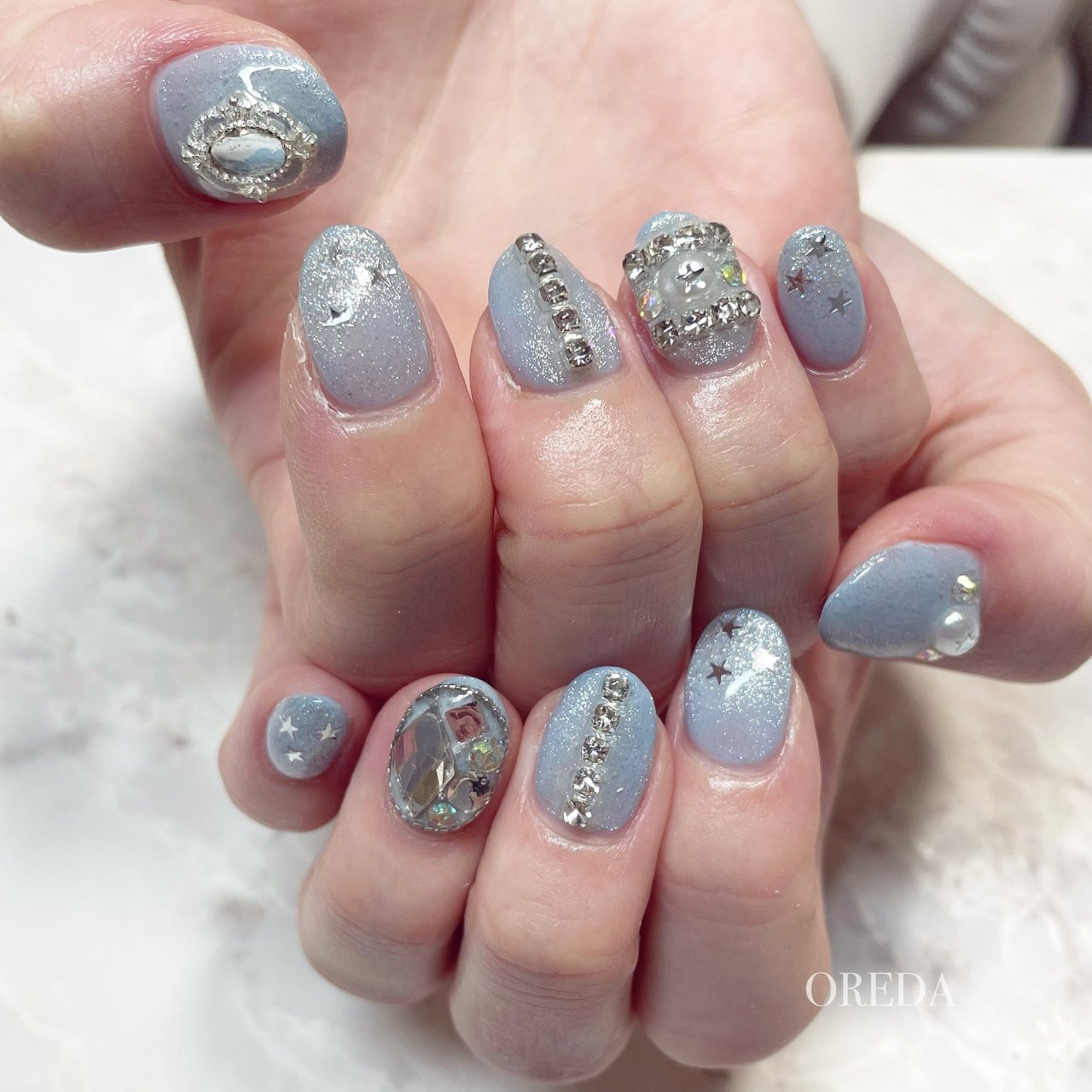 ビジュー/パール/星/マグネット/水色 - oreda_nailsalonのネイル