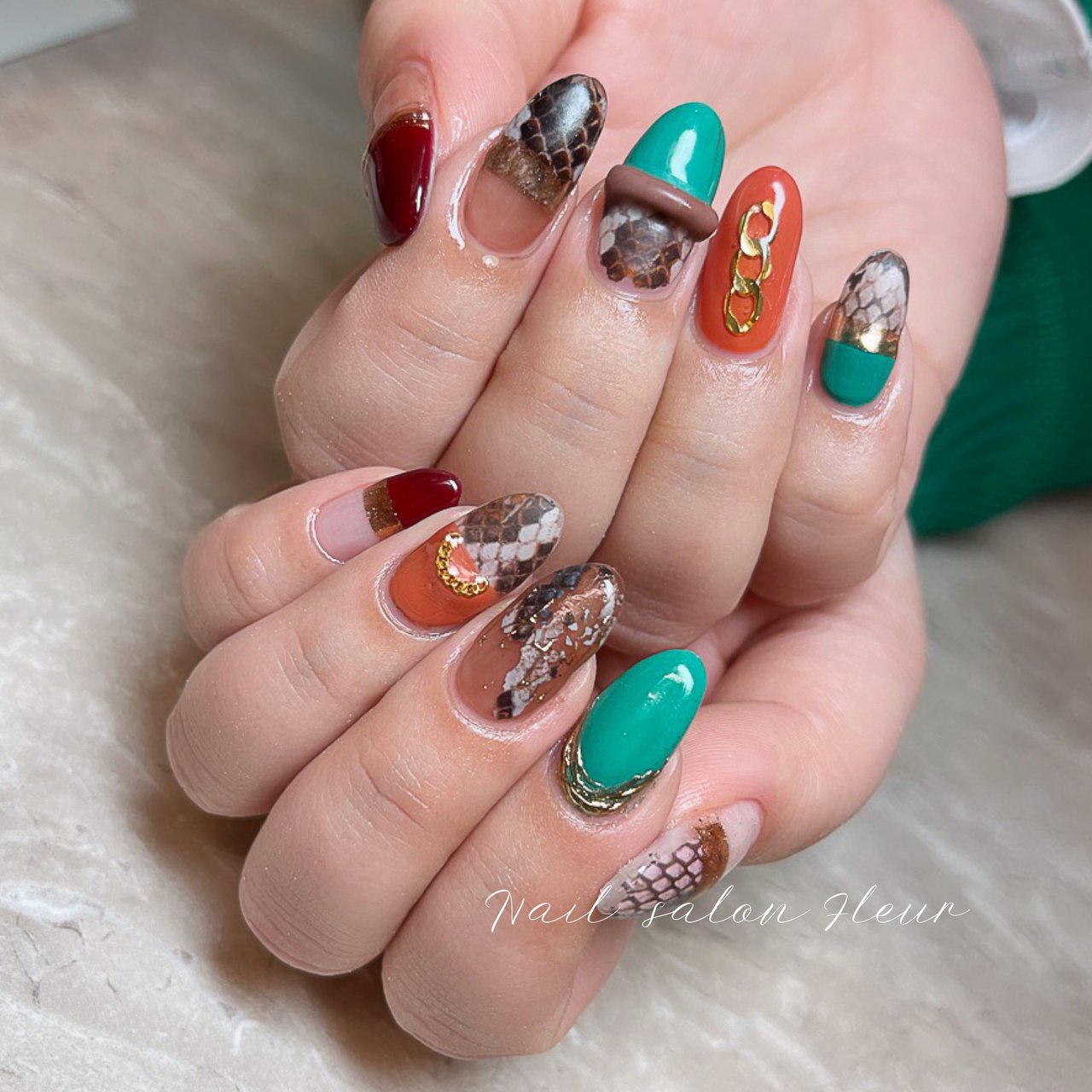 ハンド オレンジ グリーン ブラック お客様 Nail Fleur Maki Futsukiのネイルデザイン No ネイルブック