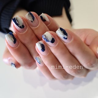 秋 ネイビー シルバーのネイルデザイン ネイルブック