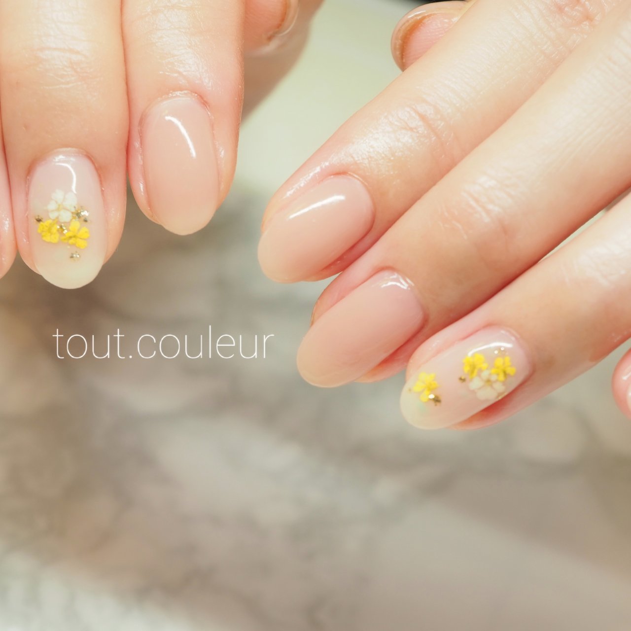 ネイルチップ オーダー ミモザ 押し花 イエロー 春 ニュアンス