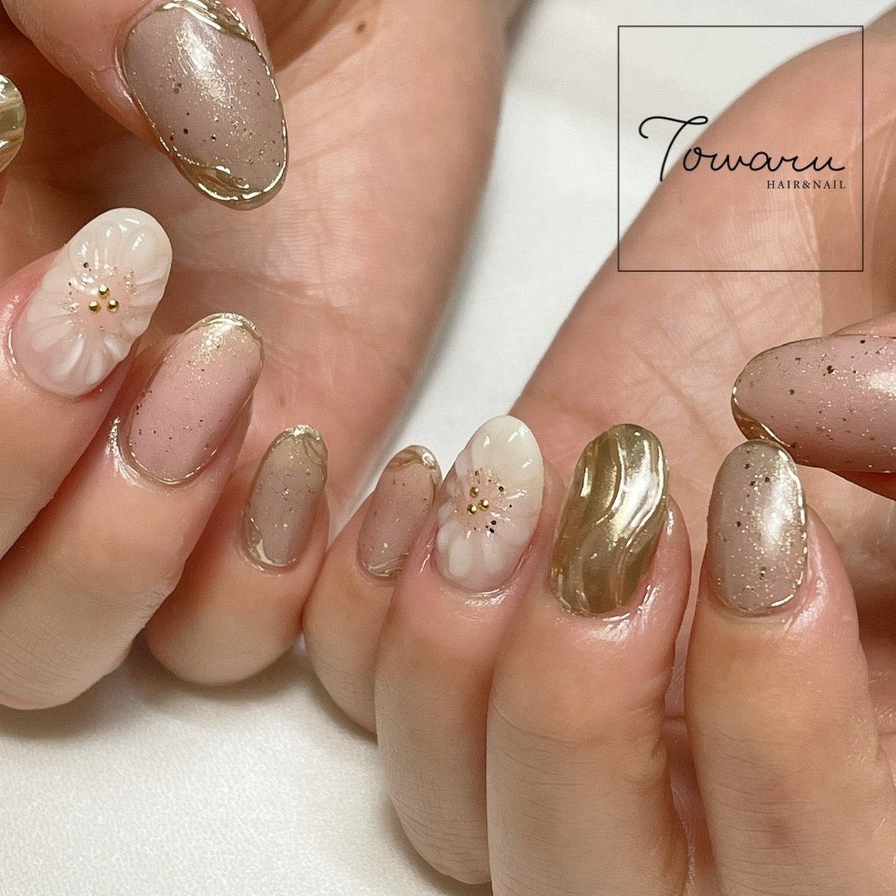 春 オールシーズン ハンド ラメ フラワー Nailsalon Towaruのネイルデザイン No ネイルブック