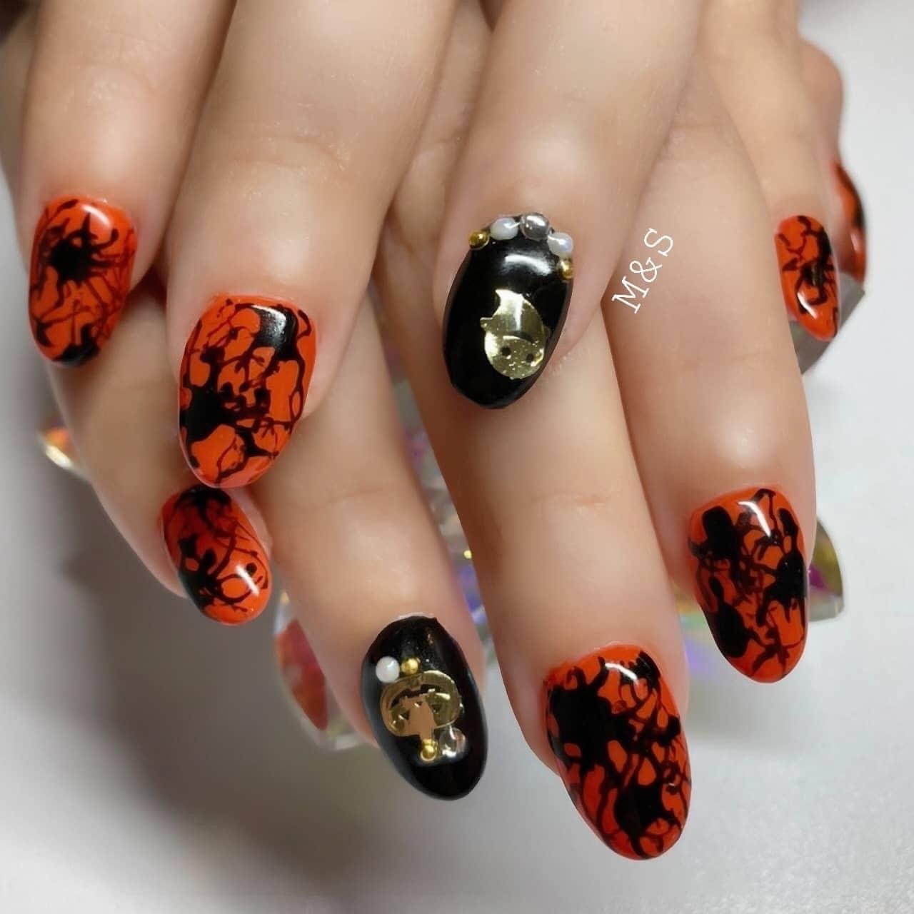 ハロウィン ニュアンス オレンジ ブラック ジェルネイル Moaura Nails Sunny Latteのネイル デザイン No ネイルブック