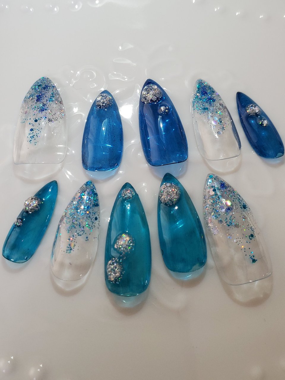 オーダー専】 浴衣 花柄 ネイルチップ 水色 淡色 青 ブルー 蝶々 和 夏