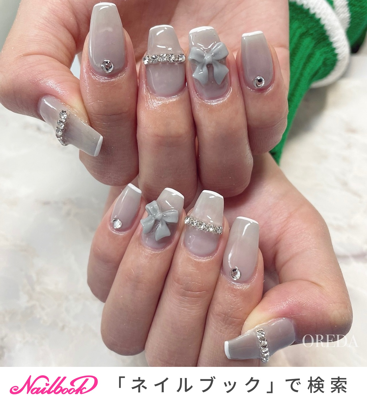 フレンチ/ビジュー/ワンカラー/リボン/ホワイト - oreda_nailsalonのネイルデザイン[No.7132432]｜ネイルブック