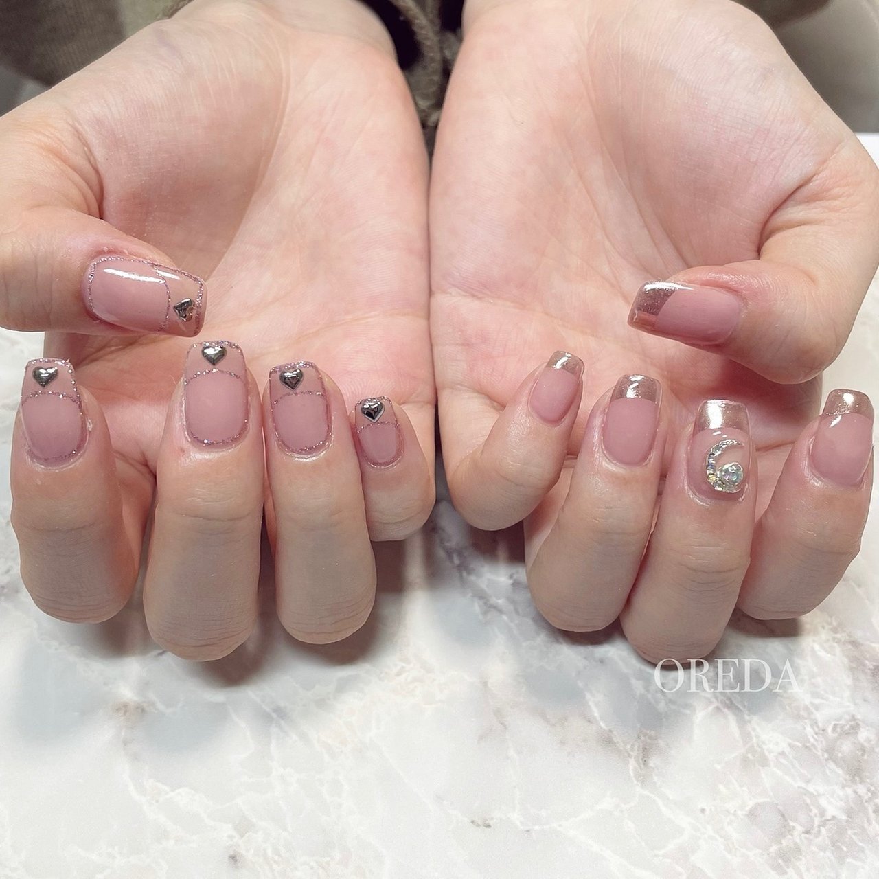 フレンチ ラメ ハート ミラー ピンク Oreda Nailsalonのネイルデザイン No ネイルブック