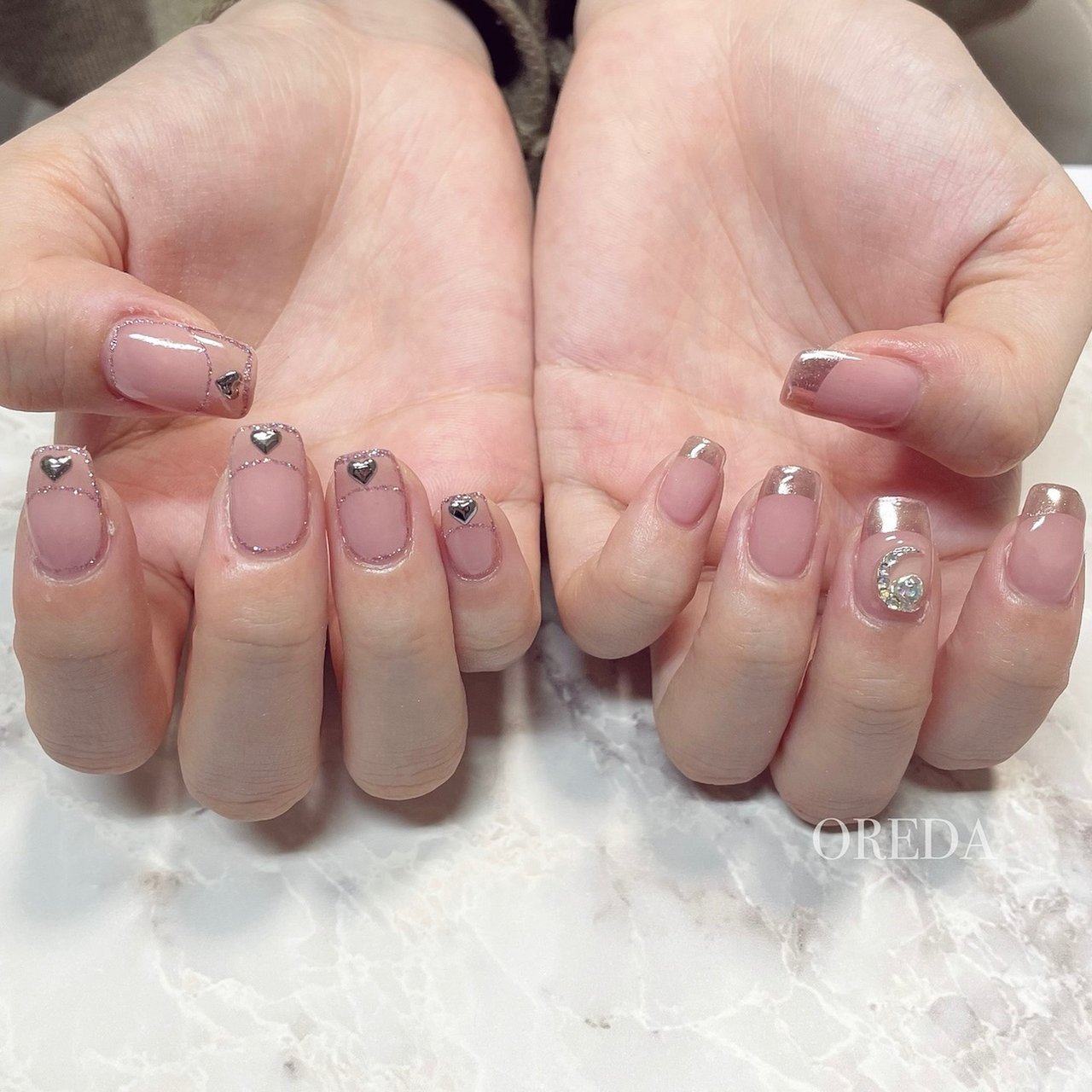 フレンチ ラメ ハート ミラー ピンク Oreda Nailsalonのネイルデザイン No ネイルブック