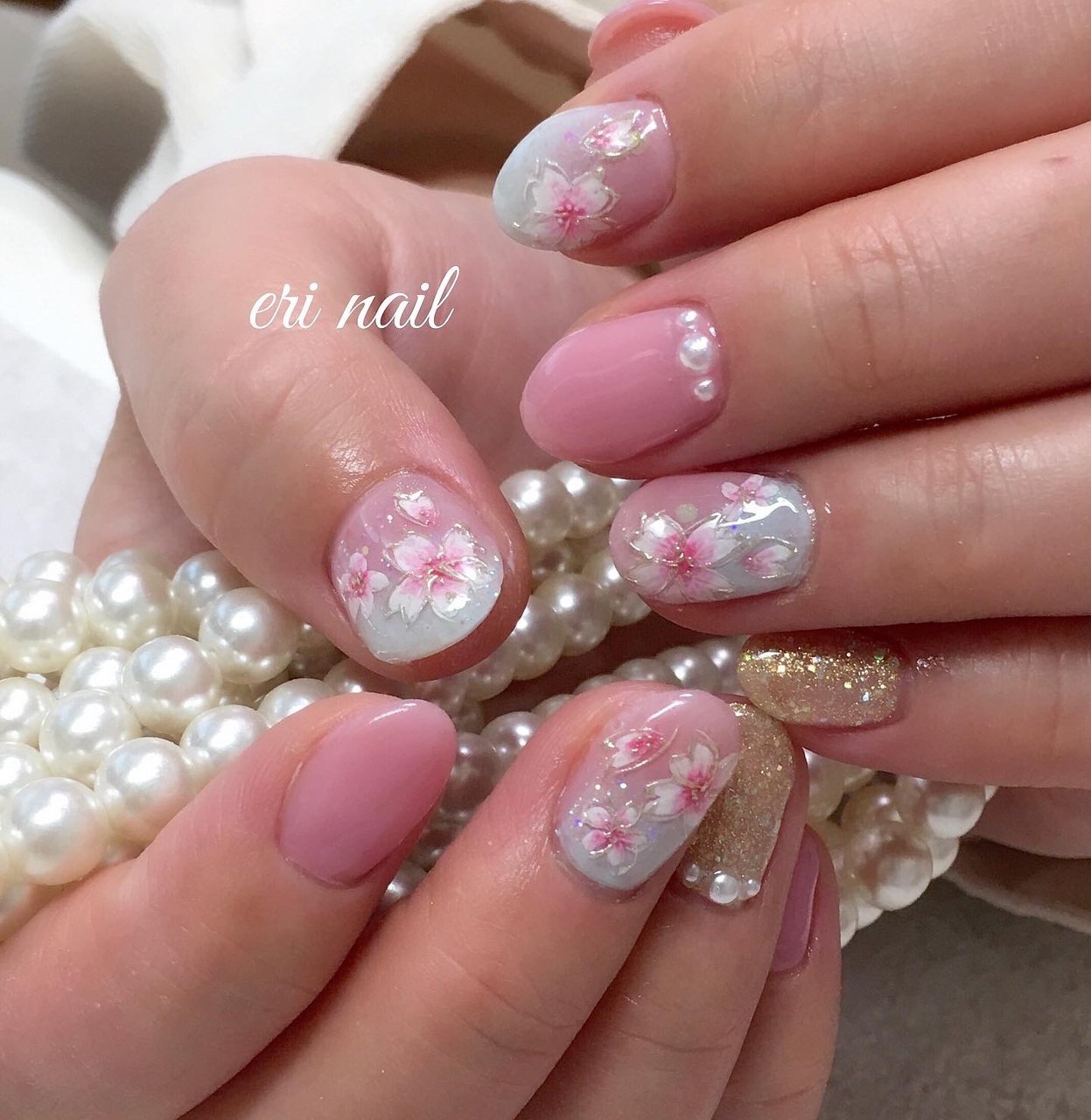 春 ハンド フラワー ピンク 水色 名古屋市天白区 自宅ネイルサロン Eri Nailのネイルデザイン No ネイルブック