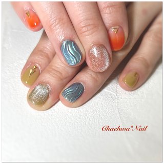 グラデーション オレンジ ターコイズのネイルデザイン ネイルブック