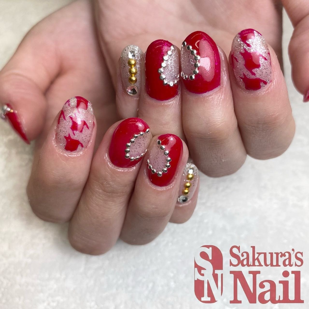 オールシーズン ハンド ラメ ハート 千鳥柄 Sakuras Nail Kegoのネイルデザイン No ネイルブック