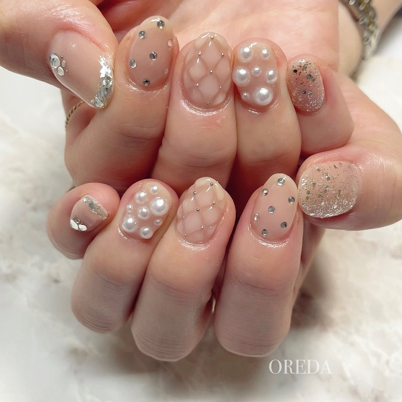 18))りぼんネイル フレンチガーリー ビジュー シルバー 付け爪 ネイル