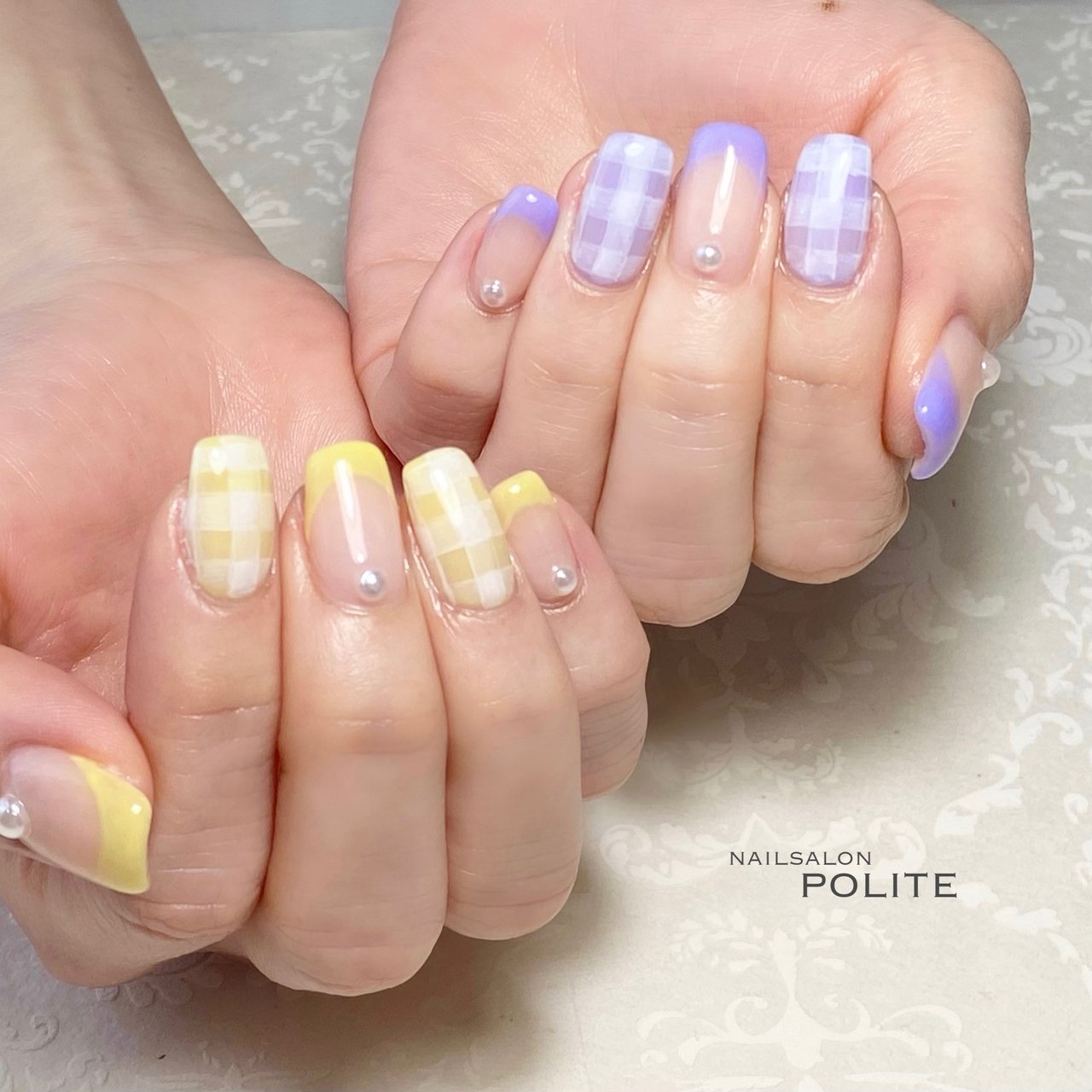 春 ハンド フレンチ チェック ミディアム Nailsalon Politeのネイルデザイン No ネイルブック