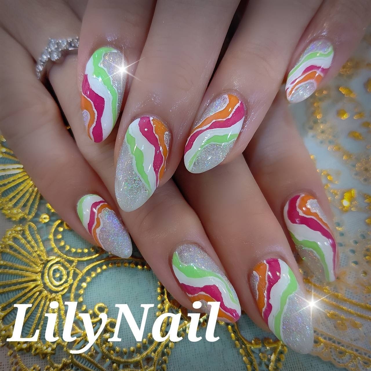 オールシーズン ハンド ピンク オレンジ グリーン aのネイルデザイン No ネイルブック