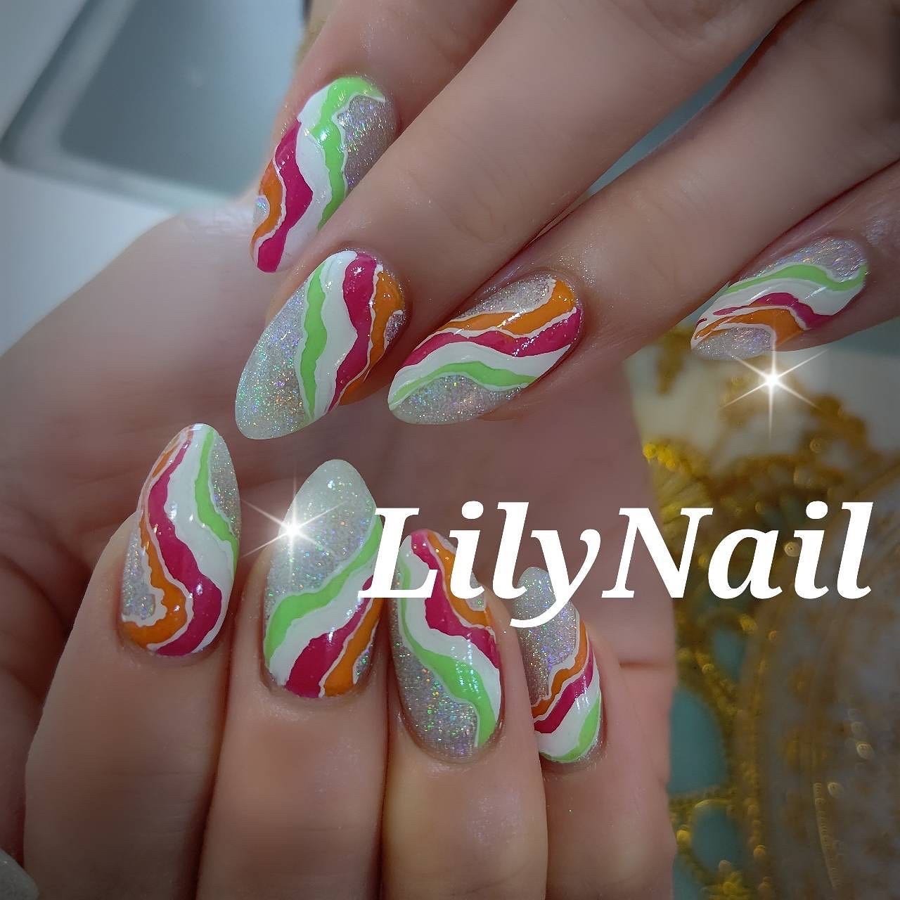 オールシーズン ハンド ピンク オレンジ グリーン aのネイルデザイン No ネイルブック