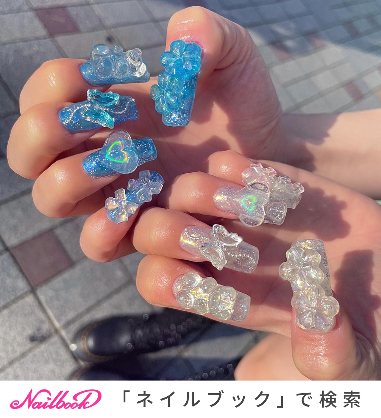 ハンド/ロング/クリア/水色/ジェルネイル - あいりのネイルデザイン[No
