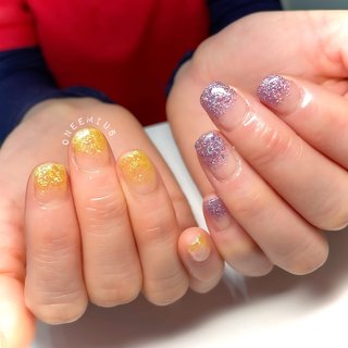 イエロー パープル ラメグラのネイルデザイン ネイルブック