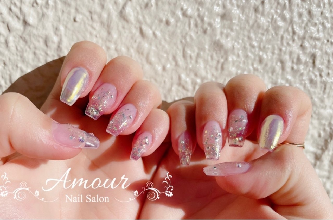 ハンド シンプル ビジュー ラメ オーロラ Nailsalon Amourのネイルデザイン No ネイルブック