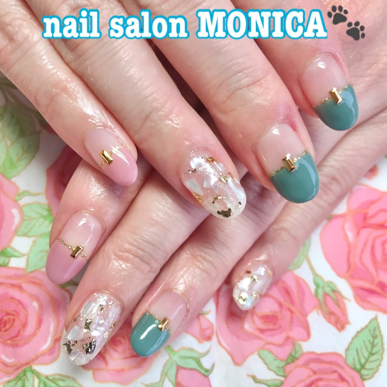 春 夏 シェル ピンク グリーン Nail Salon Monica のネイルデザイン No ネイルブック