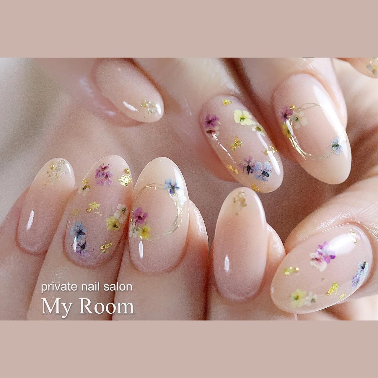 ハンド 押し花 ミディアム ベージュ ピンク My Roomのネイルデザイン No ネイルブック