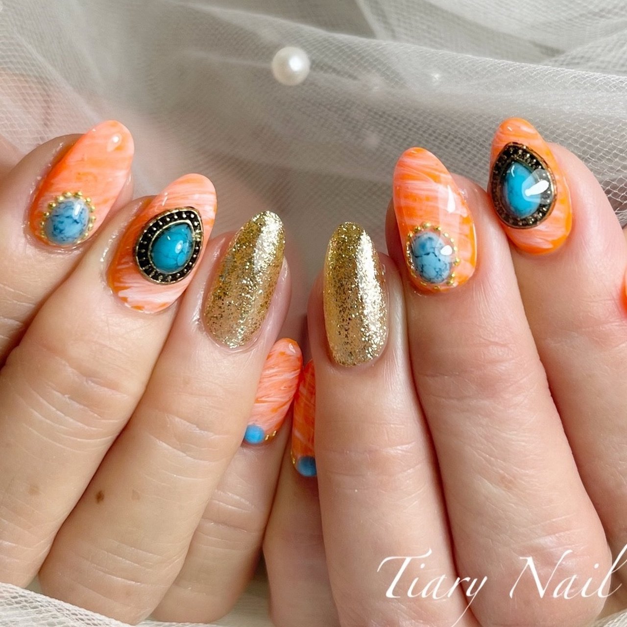 オレンジ ターコイズ Tiarynail ティアリーネイルのネイルデザイン No ネイルブック