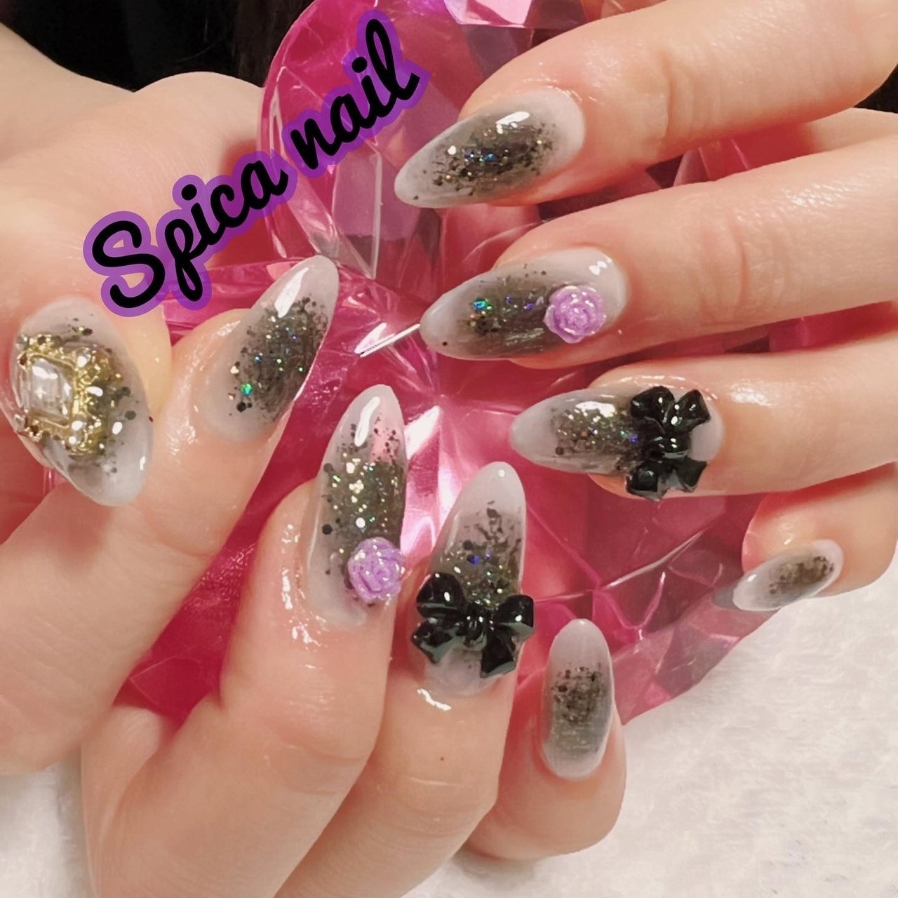 ハンド ラメ フラワー チーク リボン Spica Nailのネイルデザイン No ネイルブック