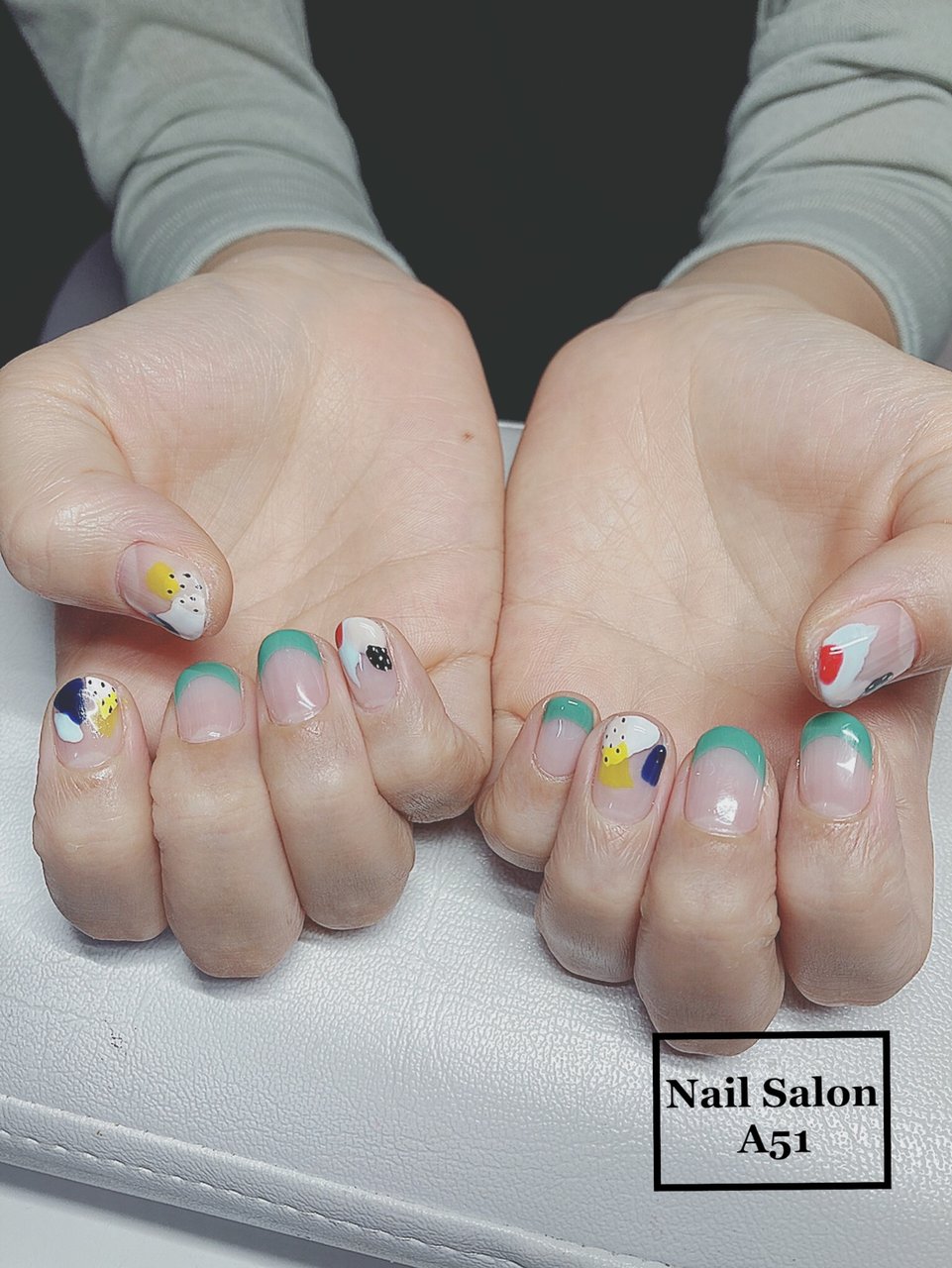 ハンド フレンチ ホワイト グリーン 水色 Nail Salon A51のネイルデザイン No ネイルブック