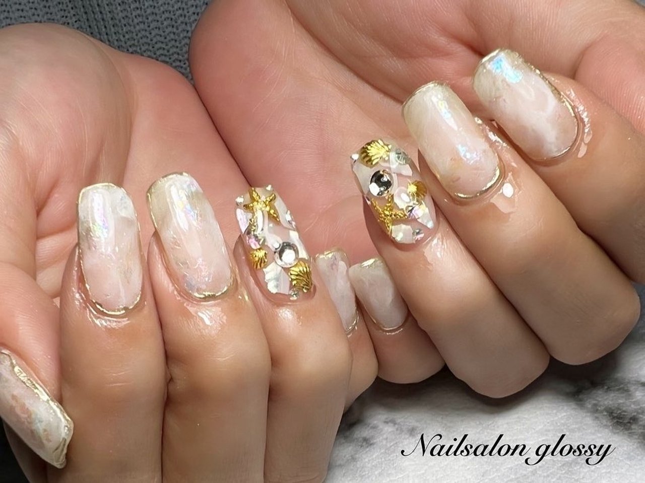 夏/ハンド/シェル/ミディアム/スクエアオフ - Nailsalonglossy（ネイル