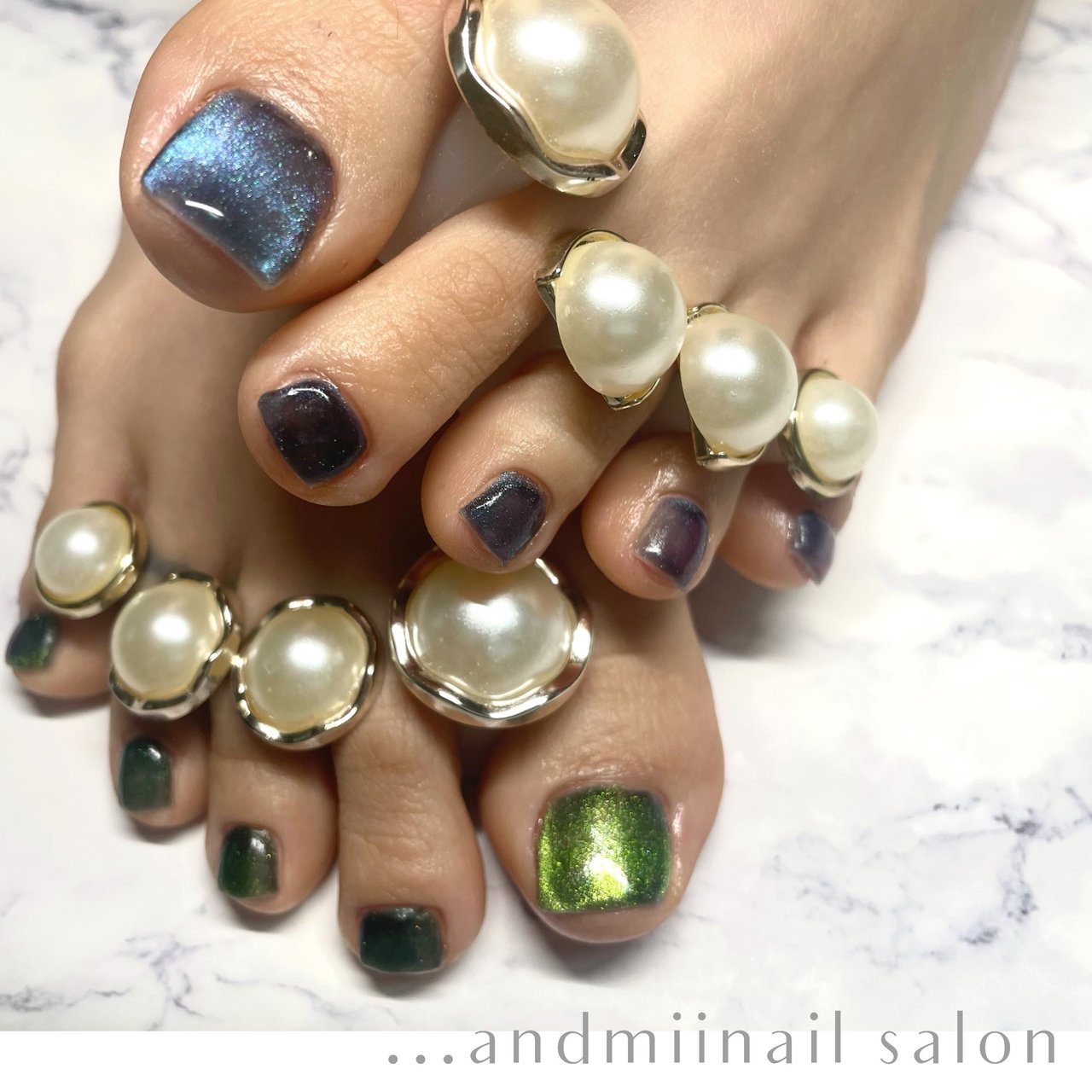 オールシーズン フット グリーン ブルー ジェルネイル Andmii Nail Salonのネイルデザイン No ネイル ブック