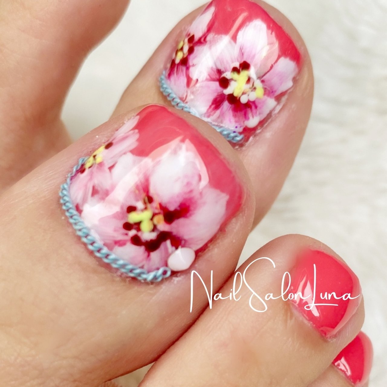 夏 フット フラワー スクエアオフ ピンク ルナのネイルデザイン No ネイルブック