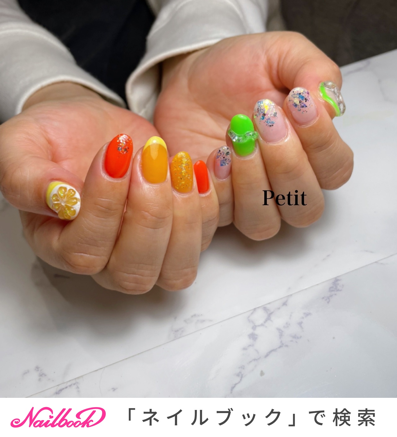 オレンジ×黄緑のネイルデザイン｜ネイルブック