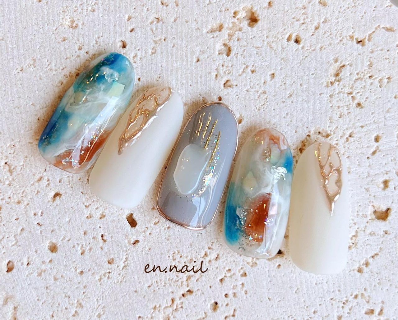 夏 オールシーズン 海 オフィス ハンド En Nailのネイルデザイン No ネイルブック