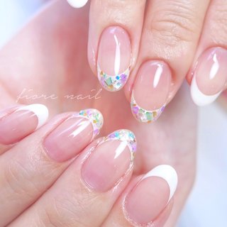 35))ホワイトネイル ネイルチップ フレンチガーリー ホログラム 囲み