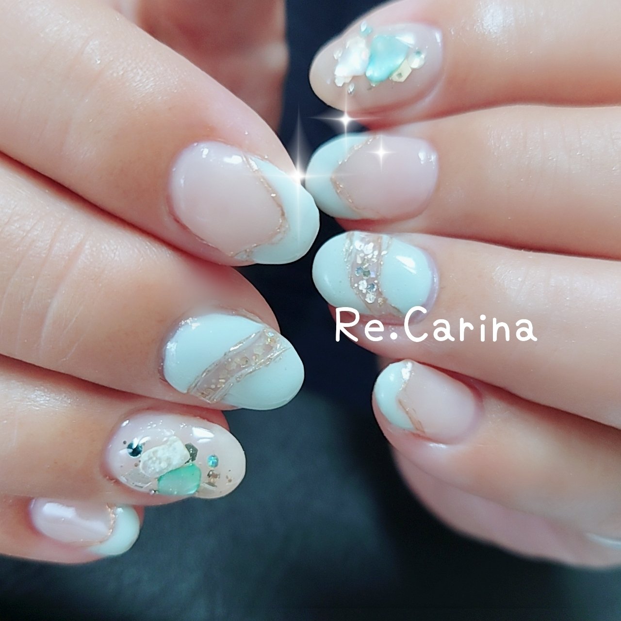 夏 ハンド 変形フレンチ ラメ シェル Re Carina Mayuのネイルデザイン No ネイルブック