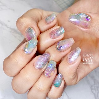 氷宝石 水色 ゴールドのネイルデザイン ネイルブック