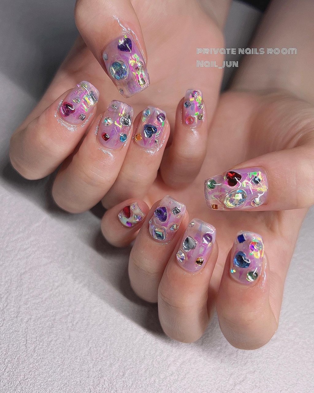 02))ネイルチップ 宝石ネイル フレンチガーリー ショートネイル 夏