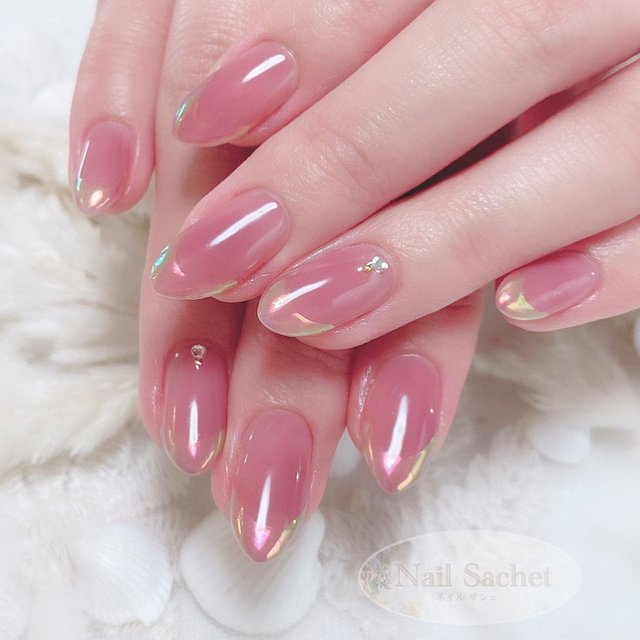 43))フレンチガーリー ピンクミラー ネイルチップ ニュアンス オーロラ