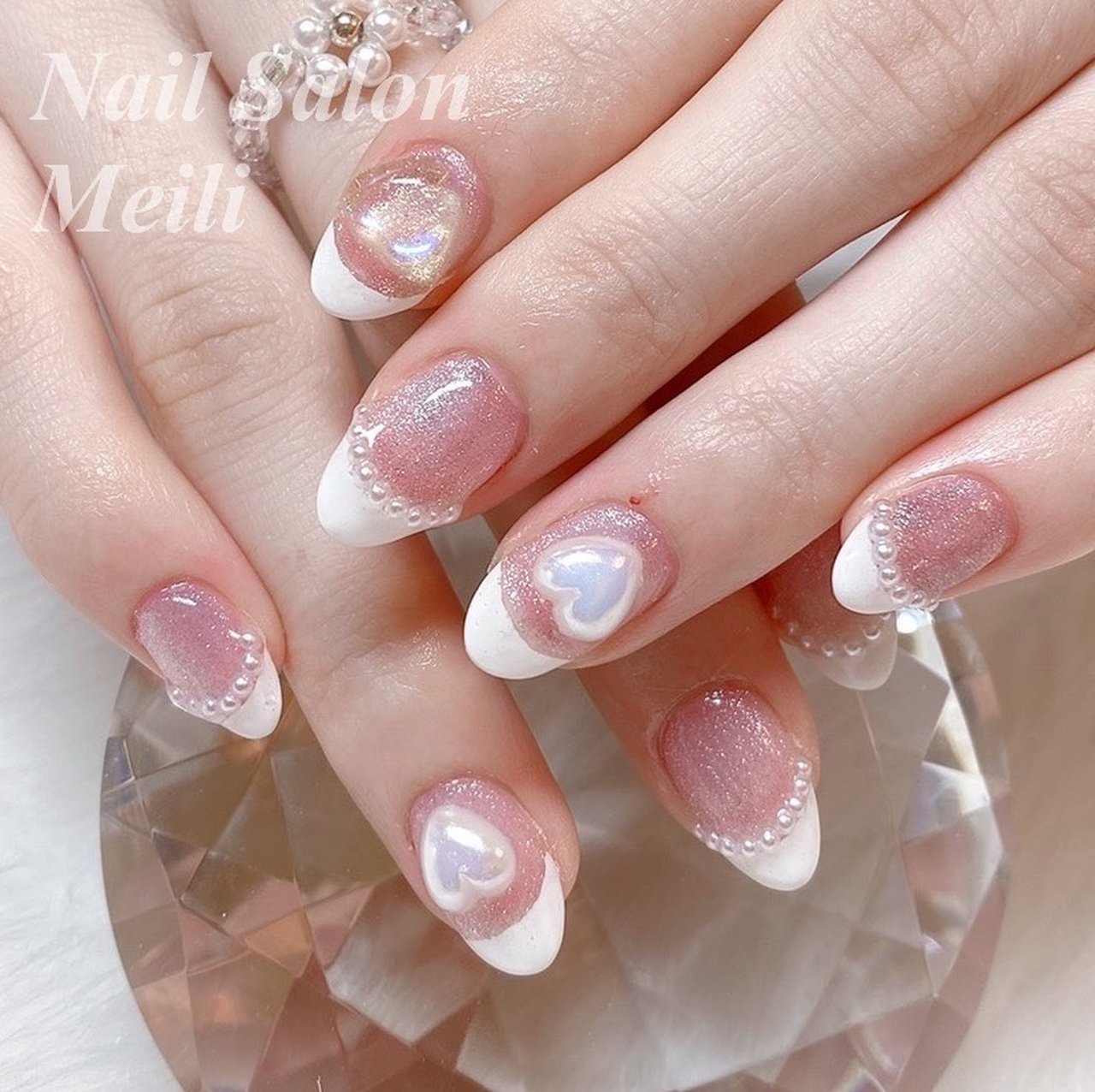 オールシーズン ハンド ミディアム ホワイト ピンク Nail Salon Meili 埼玉日進のネイルデザイン No ネイル ブック