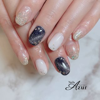 ハンドジェルネイル ・アート2本ベーシックコース 8,800円(税込) #夏 #梅雨 #七夕 #パーティー #ハンド #ラメ #星 #マグネット #ギャラクシー #キラキラ #ショート #ラウンド #ホワイト #ネイビー #シルバー #ジェルネイル #お客様 #nailsAzurj #ネイルブック