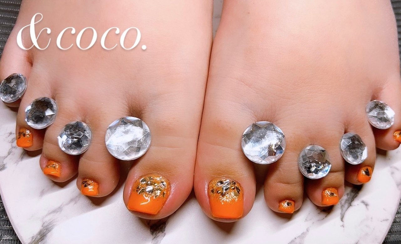 フット オレンジ ゴールド ジェルネイル お客様 Yuria のネイルデザイン No ネイルブック