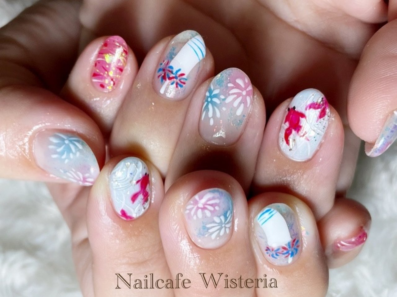 夏 浴衣 ハンド 花火 金魚 Nailcafewisteriaのネイルデザイン No ネイルブック