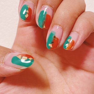 #サマーネイル #ボエミアンネイル 
#ショートネイル 
#アジアンネイル 
#ぬりかけネイル 
#セルフネイル 
#ジェルネイル 
#簡単 #夏 #秋 #オールシーズン #ハンド #ショート #オーバル #オレンジ #グリーン #ゴールド #ジェルネイル #セルフネイル #𝚈𝚘𝚗𝚊☽𝚗𝚎𝚒𝚕 #ネイルブック