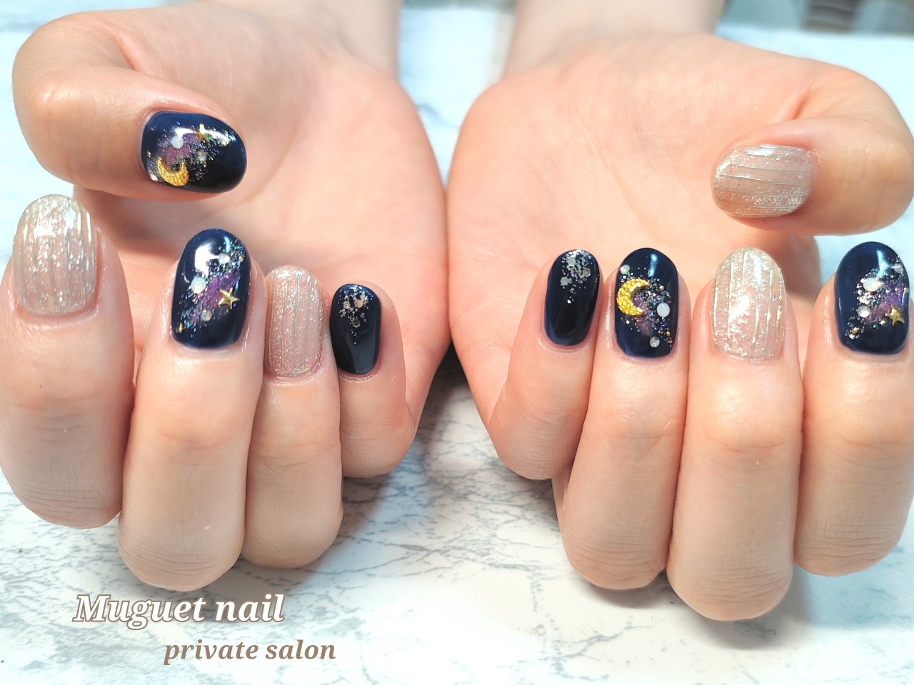 夏 ハンド ネイビー シルバー ジェルネイル Muguet Nailのネイルデザイン No ネイルブック