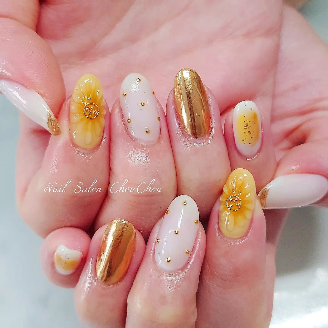 サイズオーダーネイルチップ 夏 ひまわり ぷっくり フラワー イエロー