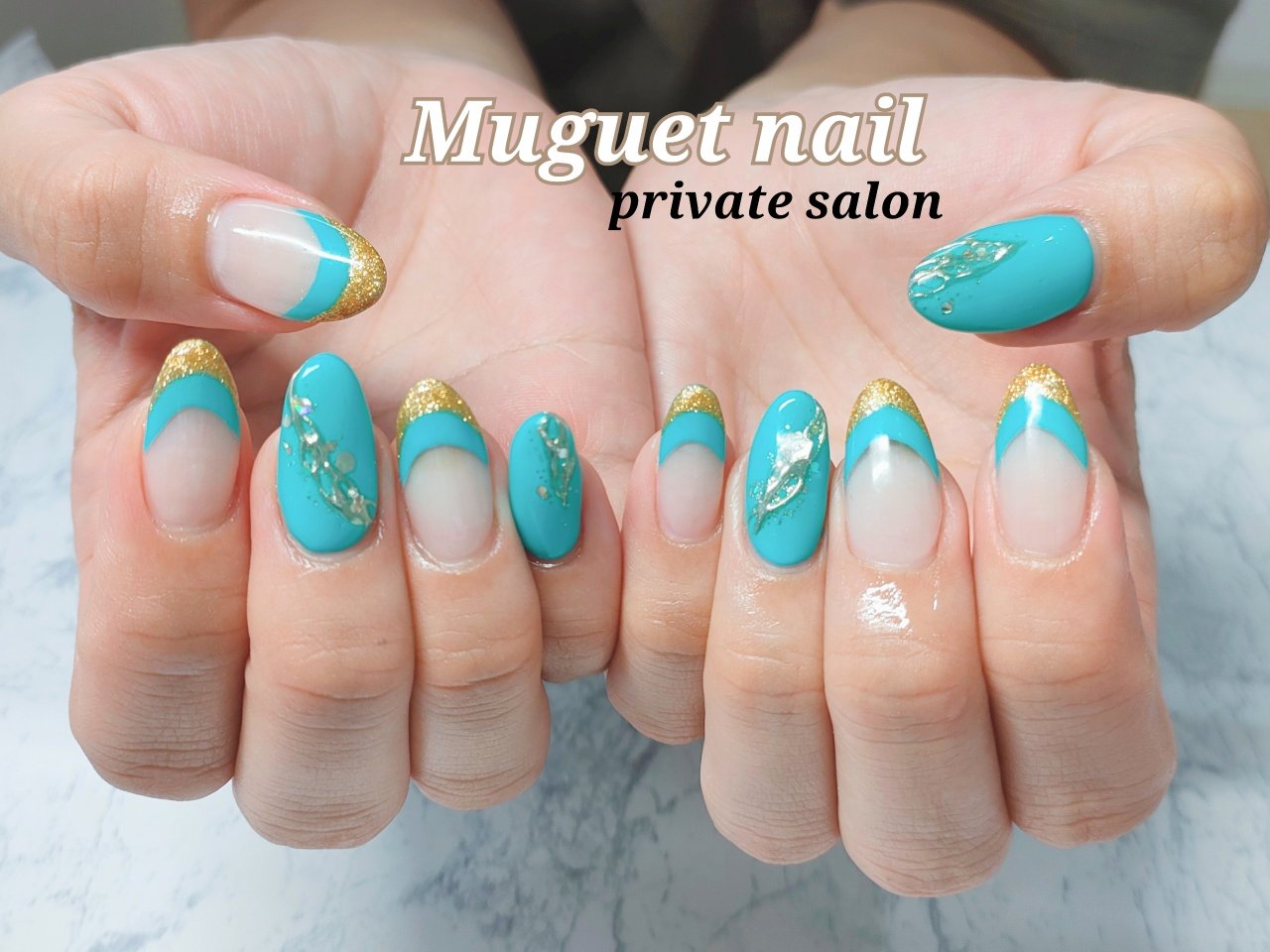 夏 ハンド ターコイズ ゴールド ジェルネイル Muguet Nailのネイルデザイン No ネイルブック