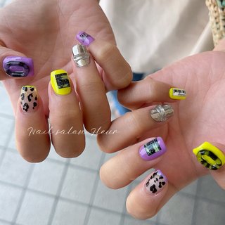  #夏 #オールシーズン #ハンド #ミラー #レオパード #ミディアム #スクエア #イエロー #パープル #ブラック #ジェルネイル #お客様 #Nail Fleur_Maki.Futsuki #ネイルブック