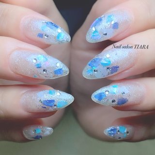 2024年】新着順｜ブルー(青)/#シェル埋め込みネイルのネイルデザイン  