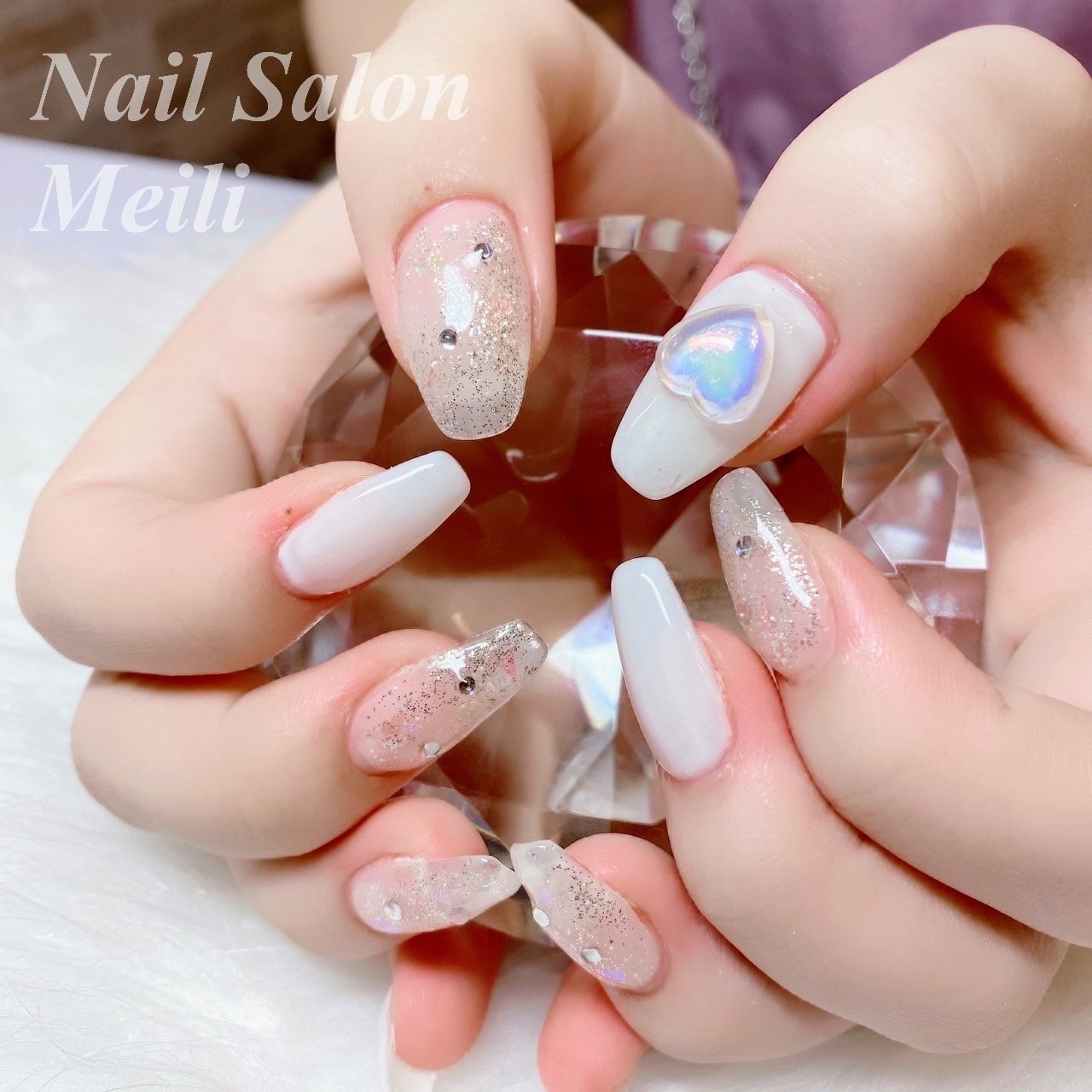 オールシーズン ハンド ミディアム ホワイト ピンク Nail Salon Meili 埼玉日進のネイルデザイン No ネイル ブック