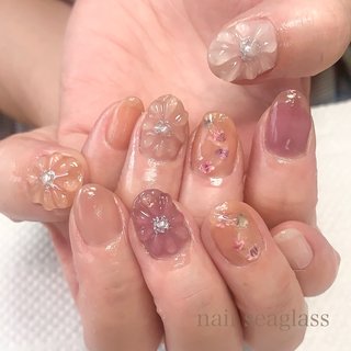 おすすめ順｜ベージュ(ヌーディー)/#クリアフラワーネイルのネイル  