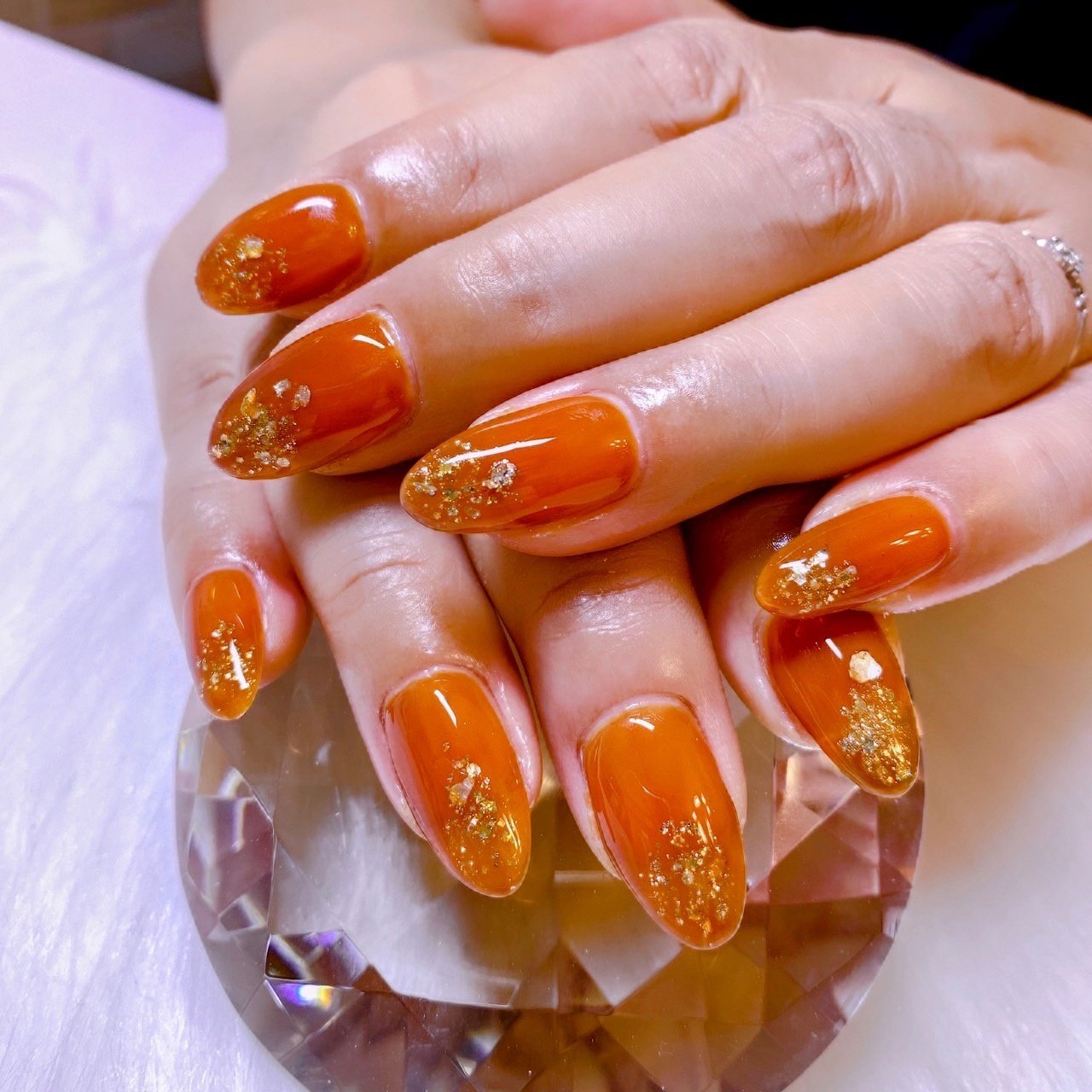 オールシーズン ハンド ミディアム オレンジ ゴールド Nail Salon Meili 埼玉日進のネイルデザイン No ネイル ブック